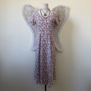 Girly Grunge Cottagecore Vintage Floral Maxi Dress Tea Length Pink Roses 80s